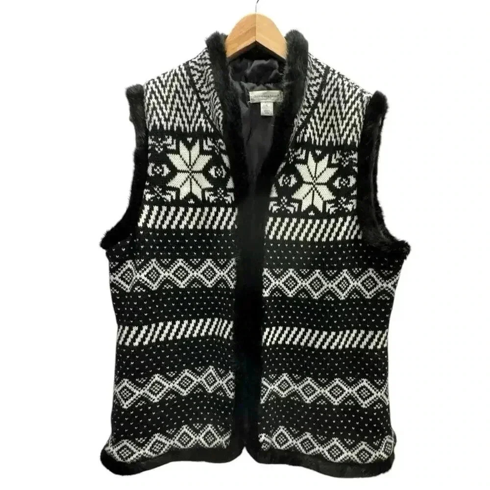 Christopher & Banks Black & White Knit with Faux Fur Trim Stand up Collar Sz XL